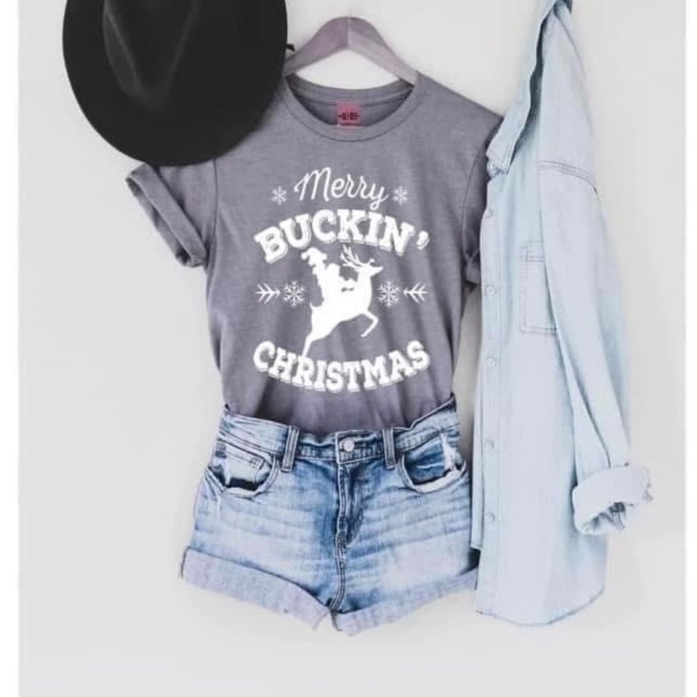 Gray Merry Buckin' Christmas Tee